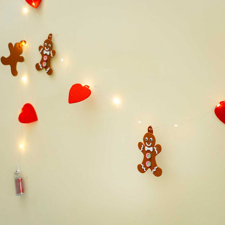Handmade Cookie Man Fairy Lights With Felt Embellishments For Christmas Decoration