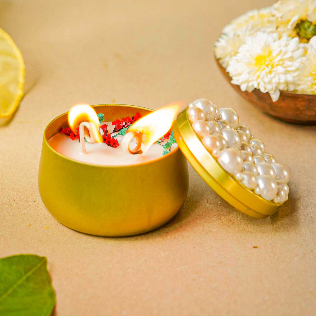 Handmade Floral Candle With Decorated Pearl Box