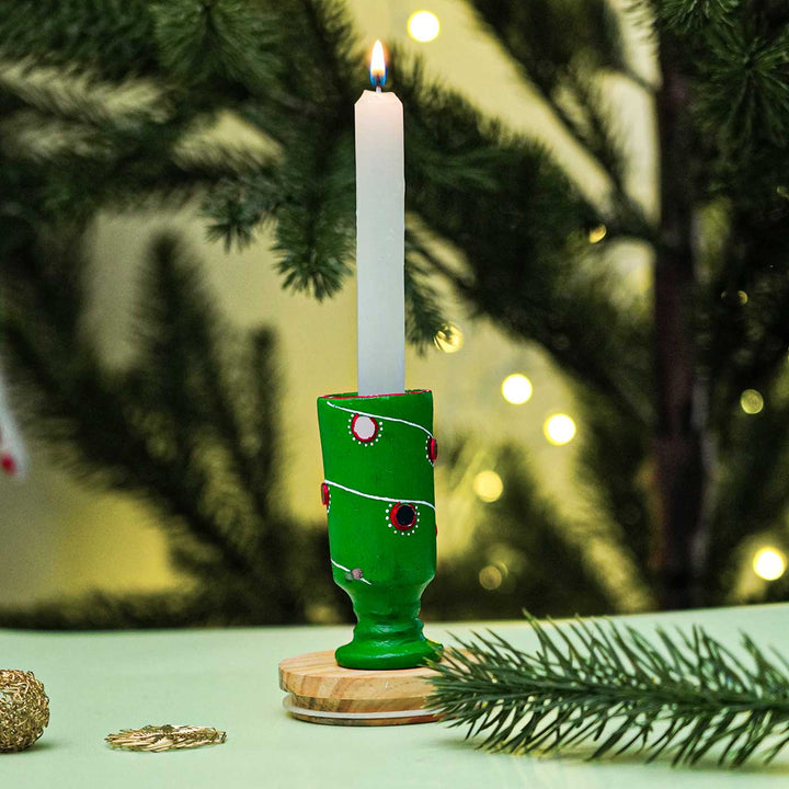 Handmade Green Multifunctional Terracotta Candle Holder For Christmas Table Decoration