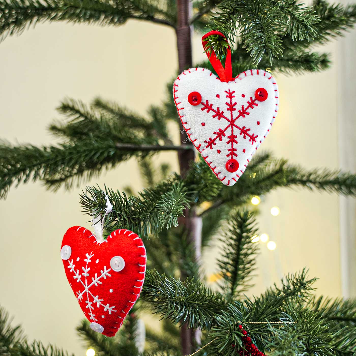 Buy Handmade Heart White And Red Cotton Ornaments For Christmas