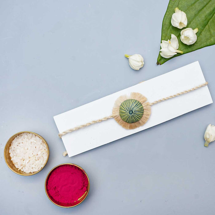 Handmade Papier Mache Green With Rustic Flower Rakhi With Roli Chawal - Packaged Display with Accessories