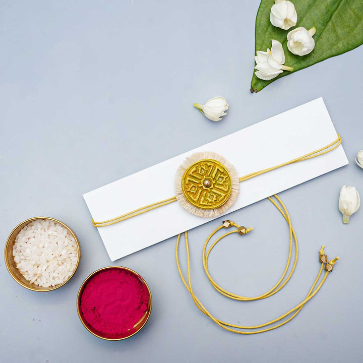 Handmade Papier Mache Swastika With Yellow Thread Rakhi With Roli Chawal - Styled with Envelope and Festival Items