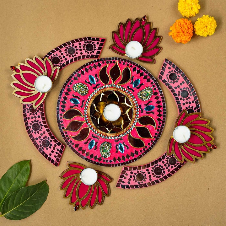 Handmade Pink Mosaic Rangoli Decor Set | Set Of 8