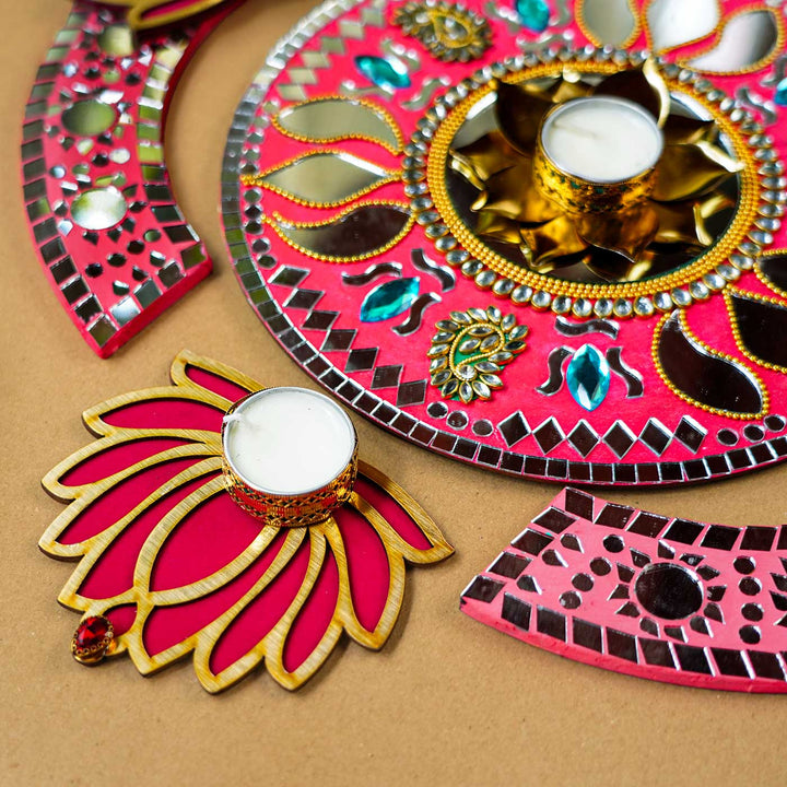 Handmade Pink Mosaic Rangoli Decor Set | Set Of 8