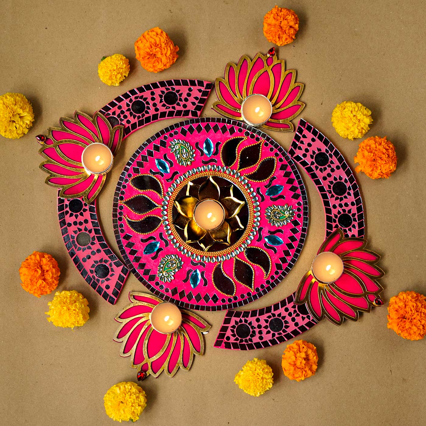 Buy Handmade Pink Mosaic Rangoli Decor Set | Set Of 8 Online On Zwende