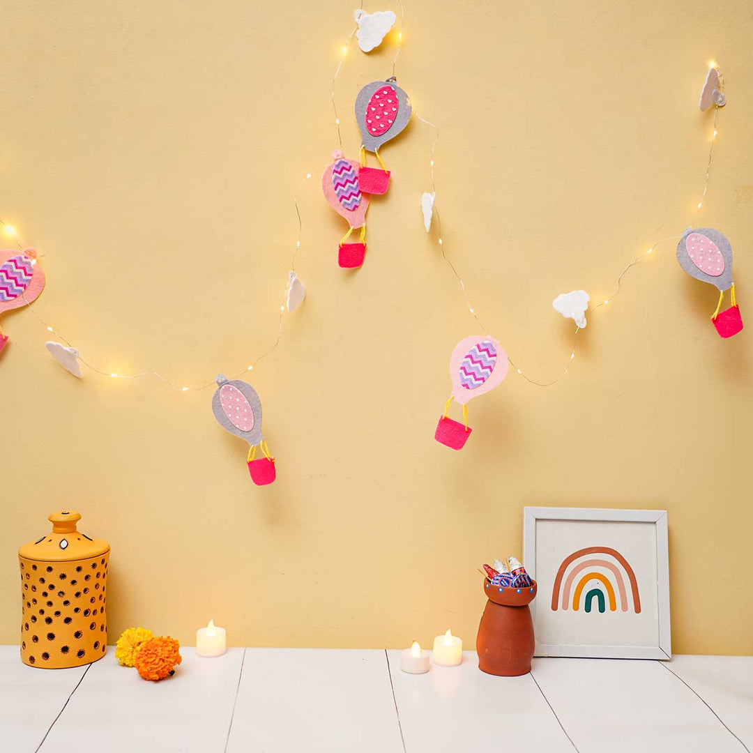 Handmade Pink & Grey Hot Air Balloon Felt Fairy Light For Kids