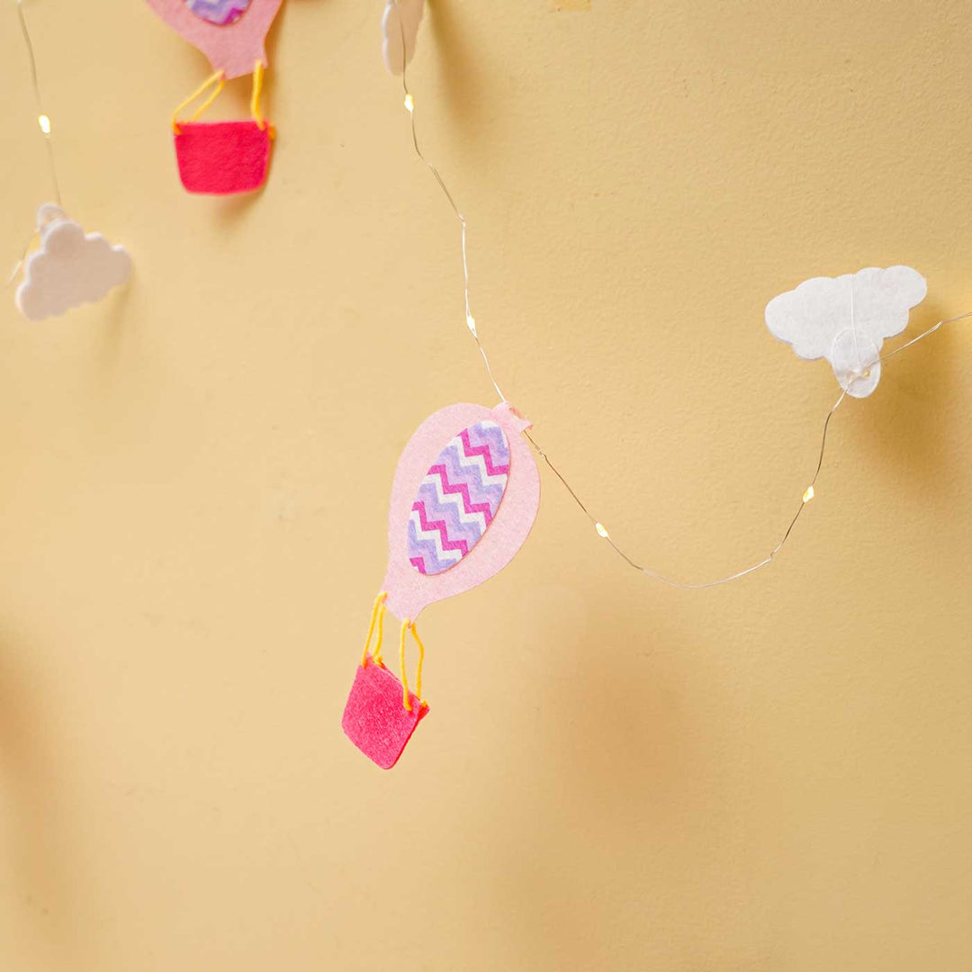 Handmade Pink & Grey Hot Air Balloon Felt Fairy Light For Kids