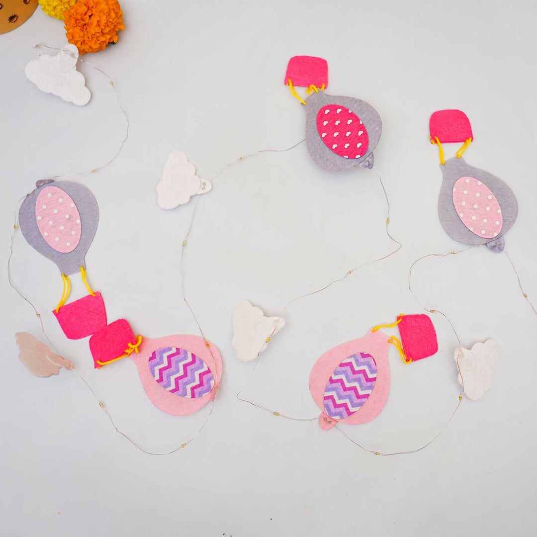 Handmade Pink & Grey Hot Air Balloon Felt Fairy Light For Kids