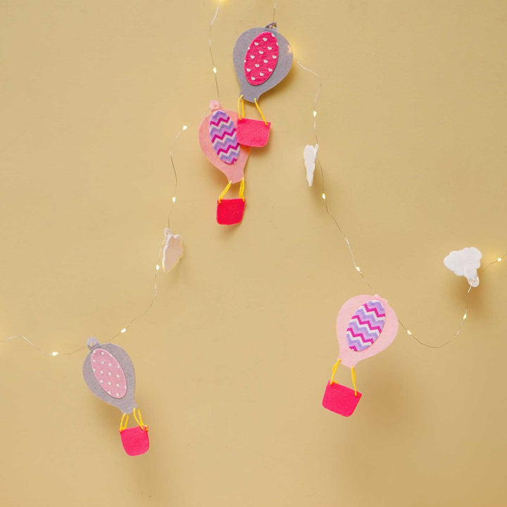 Handmade Pink & Grey Hot Air Balloon Felt Fairy Light For Kids