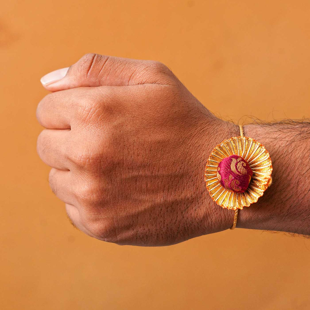 Handmade Pom Pom Khan Silk Rakhi With Chocolates & Roli Chawal
