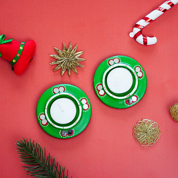 Handmade Round Green Terracotta Tealight Holders For Christmas Decoration | Set Of 2