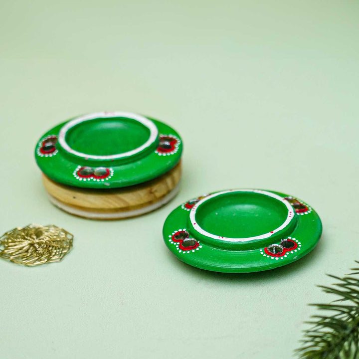 Handmade Round Green Terracotta Tealight Holders For Christmas Decoration | Set Of 2