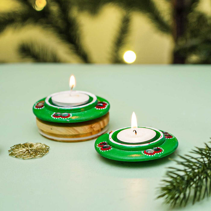 Handmade Round Green Terracotta Tealight Holders For Christmas Decoration | Set Of 2