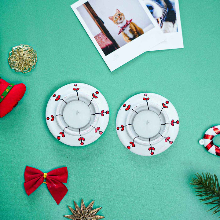 Handmade Round White Terracotta Tealight Holders For Christmas Decoration | Set Of 2