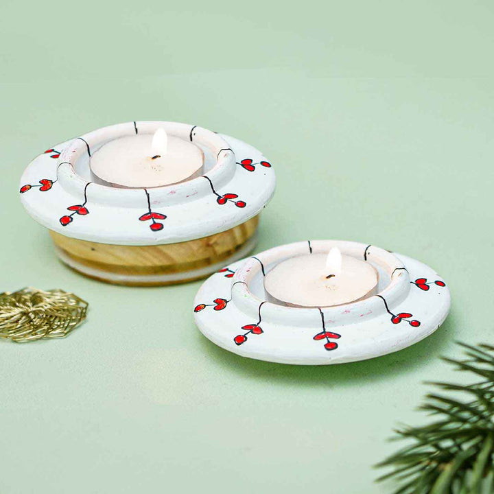 Handmade Round White Terracotta Tealight Holders For Christmas Decoration | Set Of 2