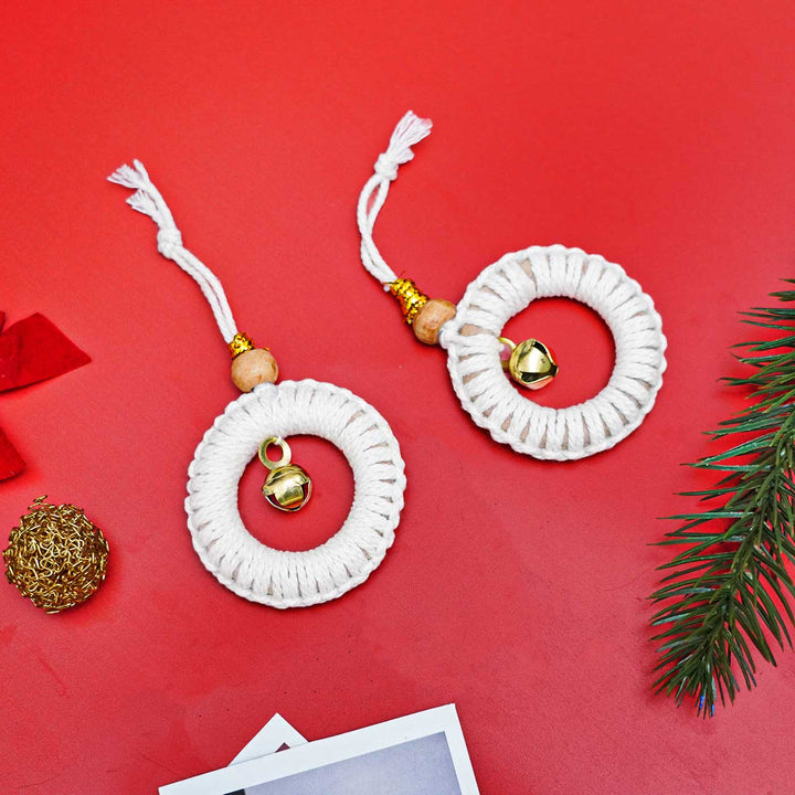 Handmade White Macrame Ornaments With Bell For Christmas Tree Decoration | Set Of 2