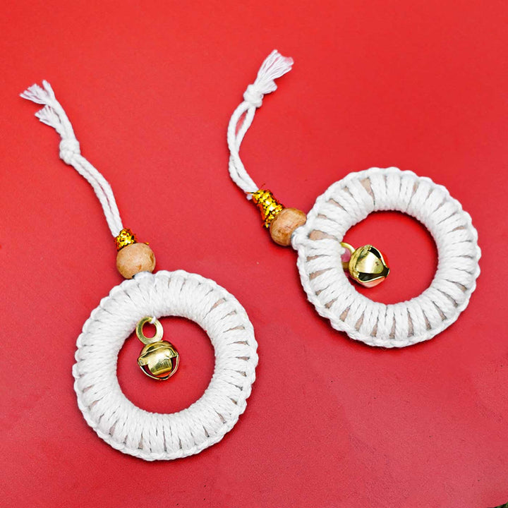 Handmade White Macrame Ornaments With Bell For Christmas Tree Decoration | Set Of 2