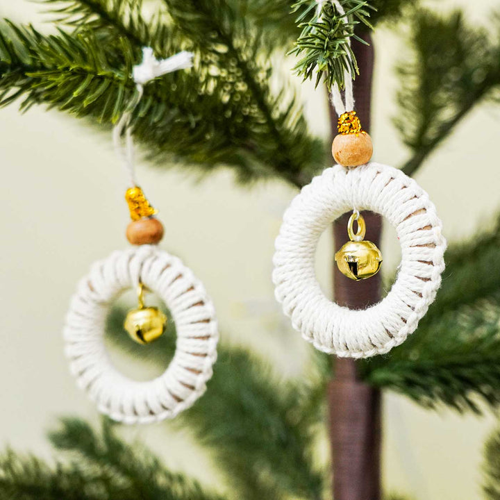 Handmade White Macrame Ornaments With Bell For Christmas Tree Decoration | Set Of 2