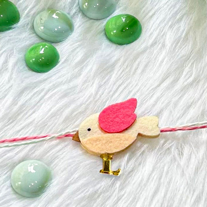 Personalized Laser Cut Cute Bird Shape Felt Kids Rakhi With Initial