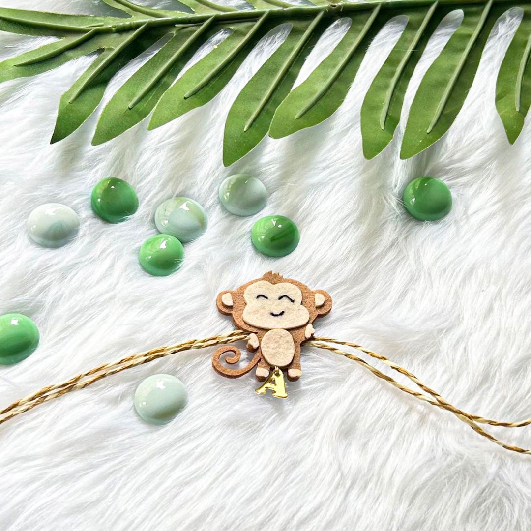 Personalized Laser Cut Cute Monkey Shape Felt Kids Rakhi With Initial