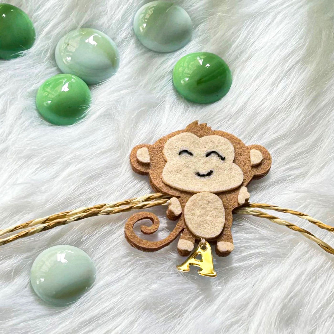 Personalized Laser Cut Cute Monkey Shape Felt Kids Rakhi With Initial