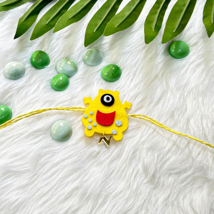 Personalized Laser Cut Yellow One - Eye Monster Felt Kids Rakhi With Initial