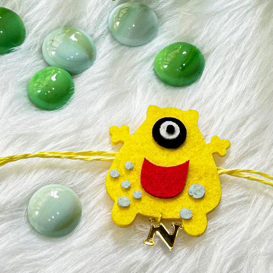 Personalized Laser Cut Yellow One - Eye Monster Felt Kids Rakhi With Initial