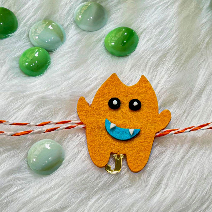 Personalized Laser Cut Orange Monster Felt Kids Rakhi With Initial