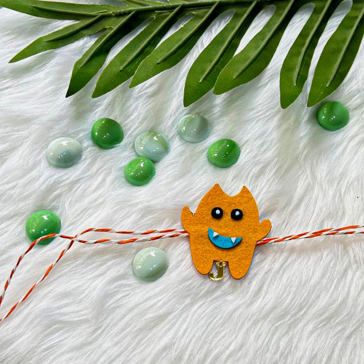 Personalized Laser Cut Orange Monster Felt Kids Rakhi With Initial
