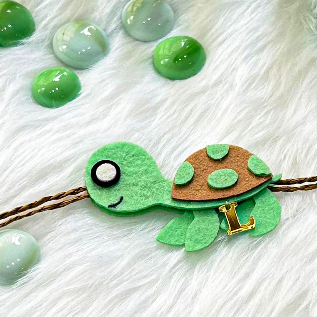 Personalized Laser Cut Cute Turtle Shape Felt Kids Rakhi With Initial