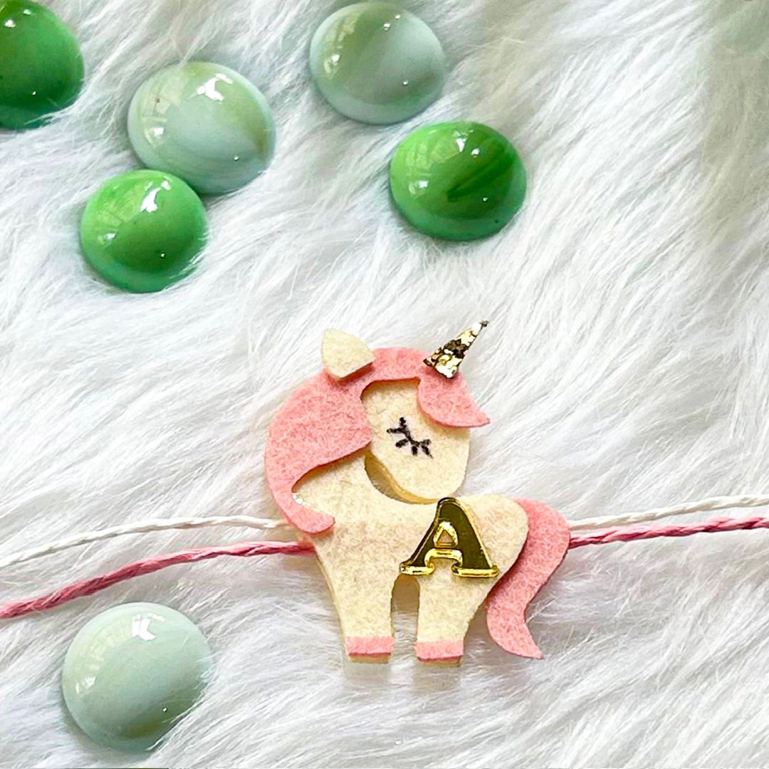 Personalized Laser Cut Pink Unicorn Shape Felt Kids Rakhi With Initial