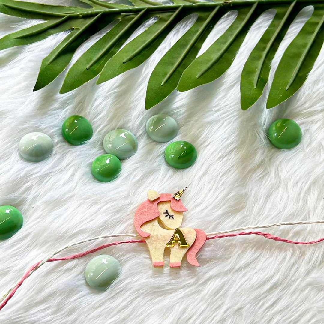 Personalized Laser Cut Pink Unicorn Shape Felt Kids Rakhi With Initial
