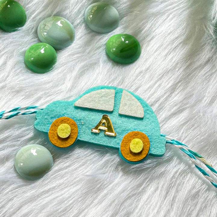 Personalized Laser Cut Blue Car Shape Felt Kids Rakhi With Initial