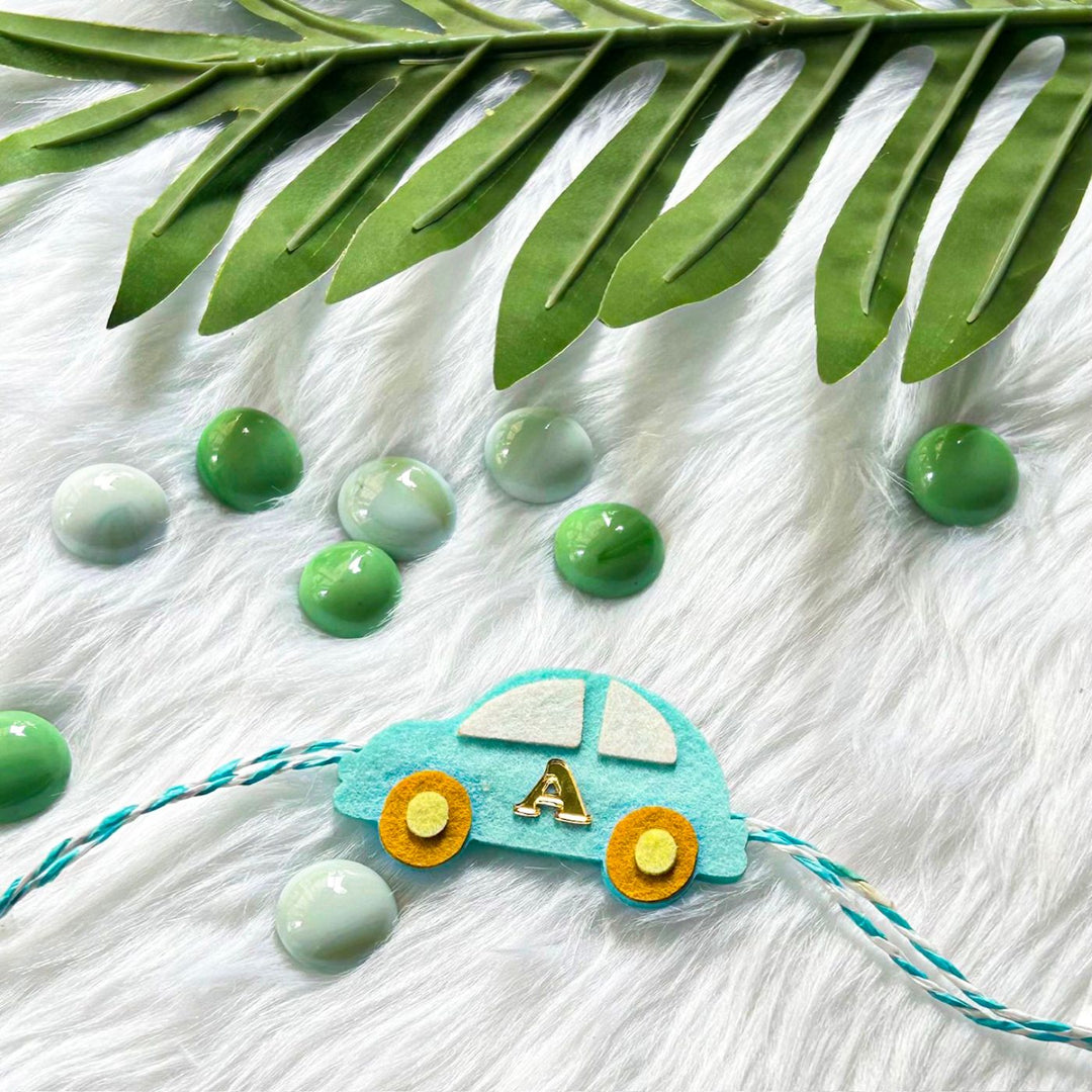 Personalized Laser Cut Blue Car Shape Felt Kids Rakhi With Initial