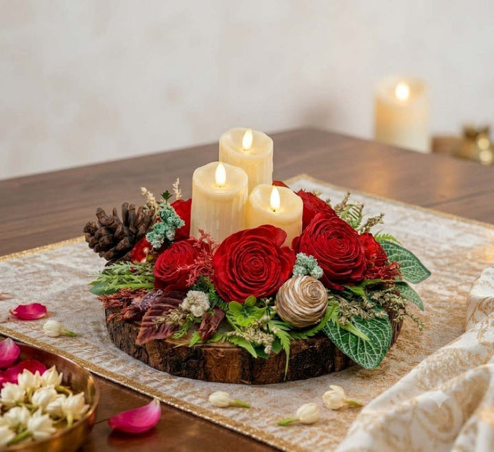 Handmade Rosewood Romance Shola Flower Centerpiece With Candle Holder