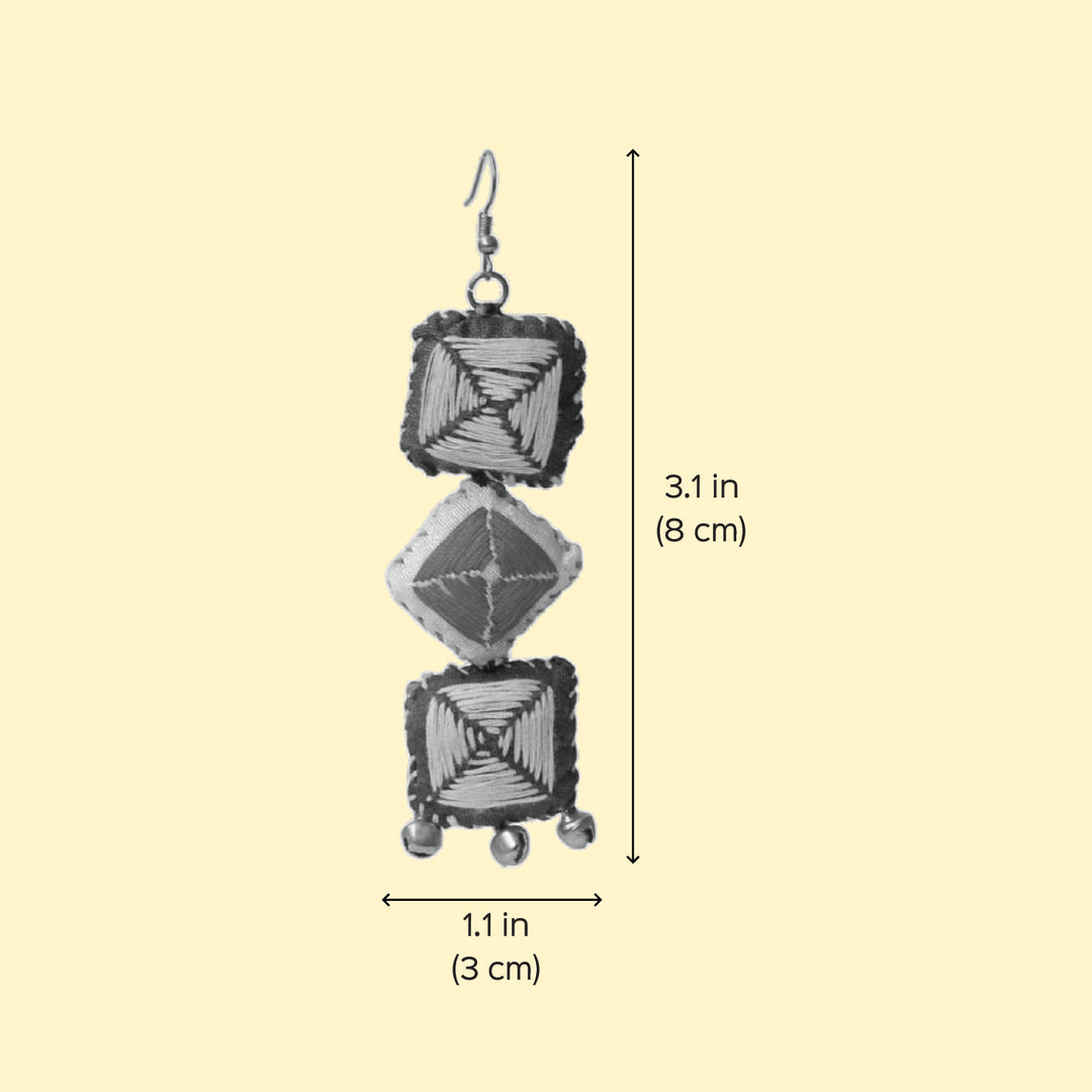 Handmade Textile Art Square & Diamond Ghungroo Dupion Silk Fabric Earrings