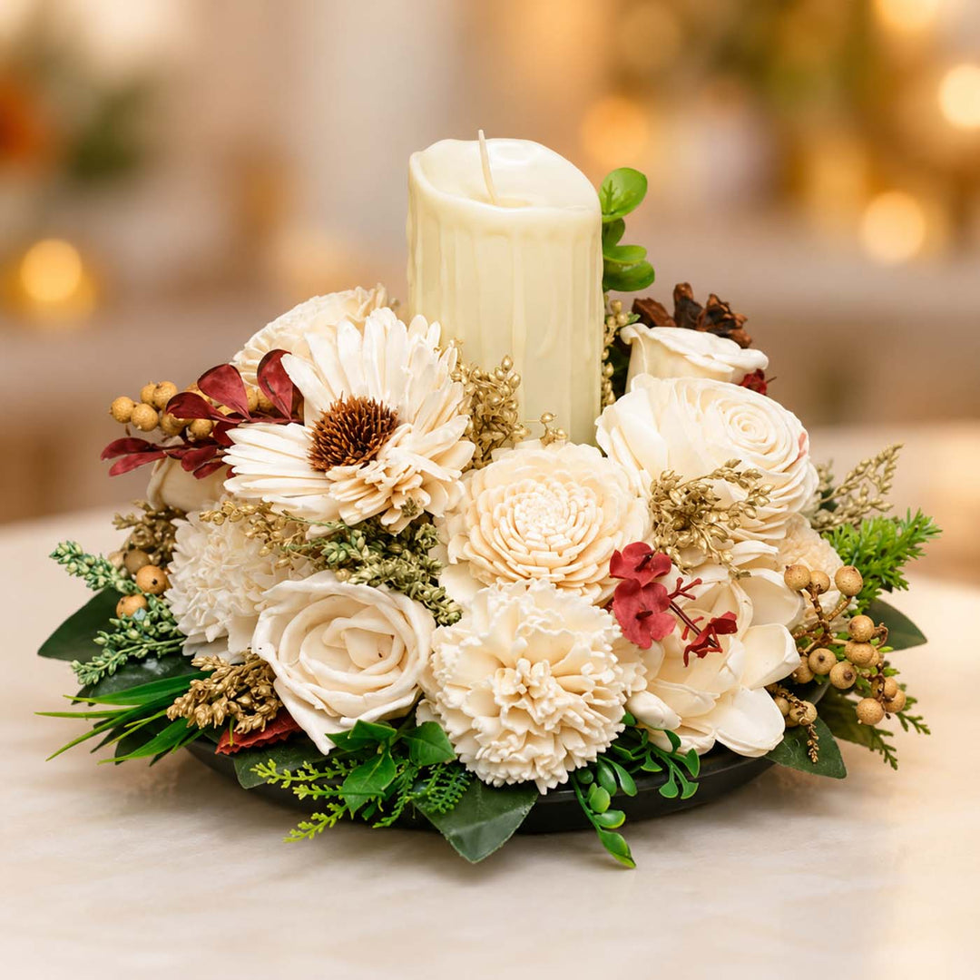 Handmade Warm Wishes Shola Flower Centerpiece With Candle Holder