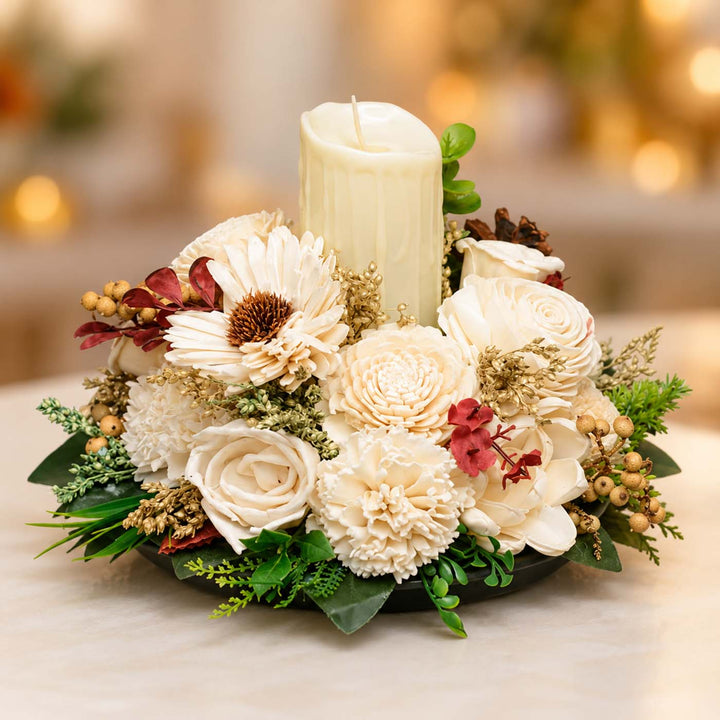 Handmade Warm Wishes Shola Flower Centerpiece With Candle Holder