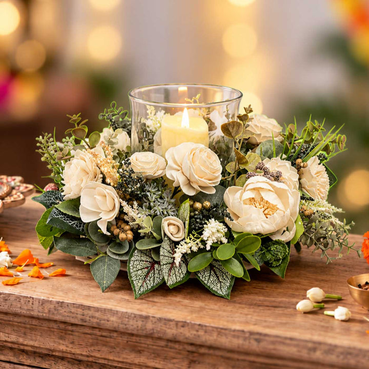 Handmade Luminous Bloom Shola Flower Centerpiece With Candle Holder