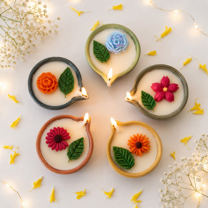 5 Pc | Handmade Colour Ceramic Floral Soy Wax Candles For Festive Decor