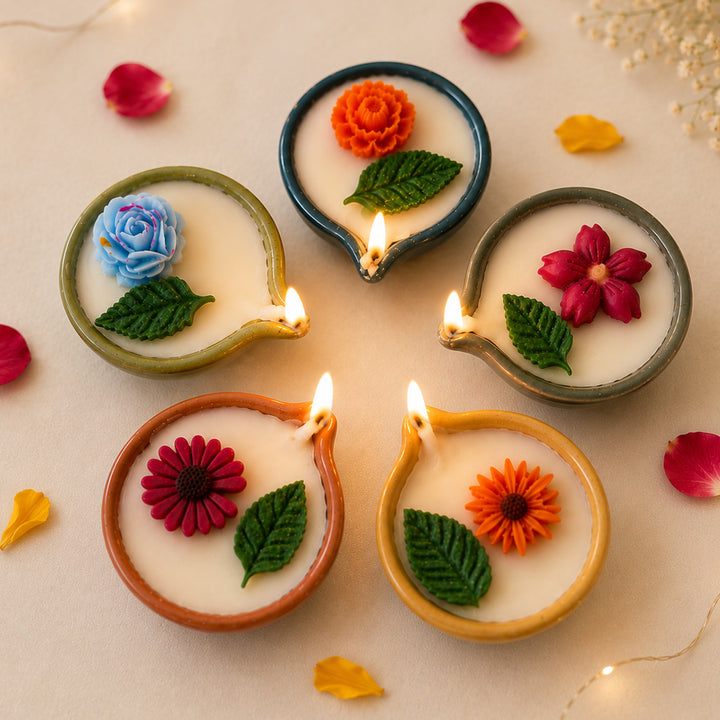 5 Pc | Handmade Colour Ceramic Floral Soy Wax Candles For Festive Decor