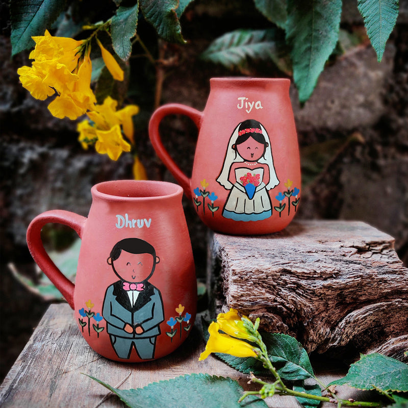 Handpainted Clay Mugs for Couples - Personalized Wedding Gift