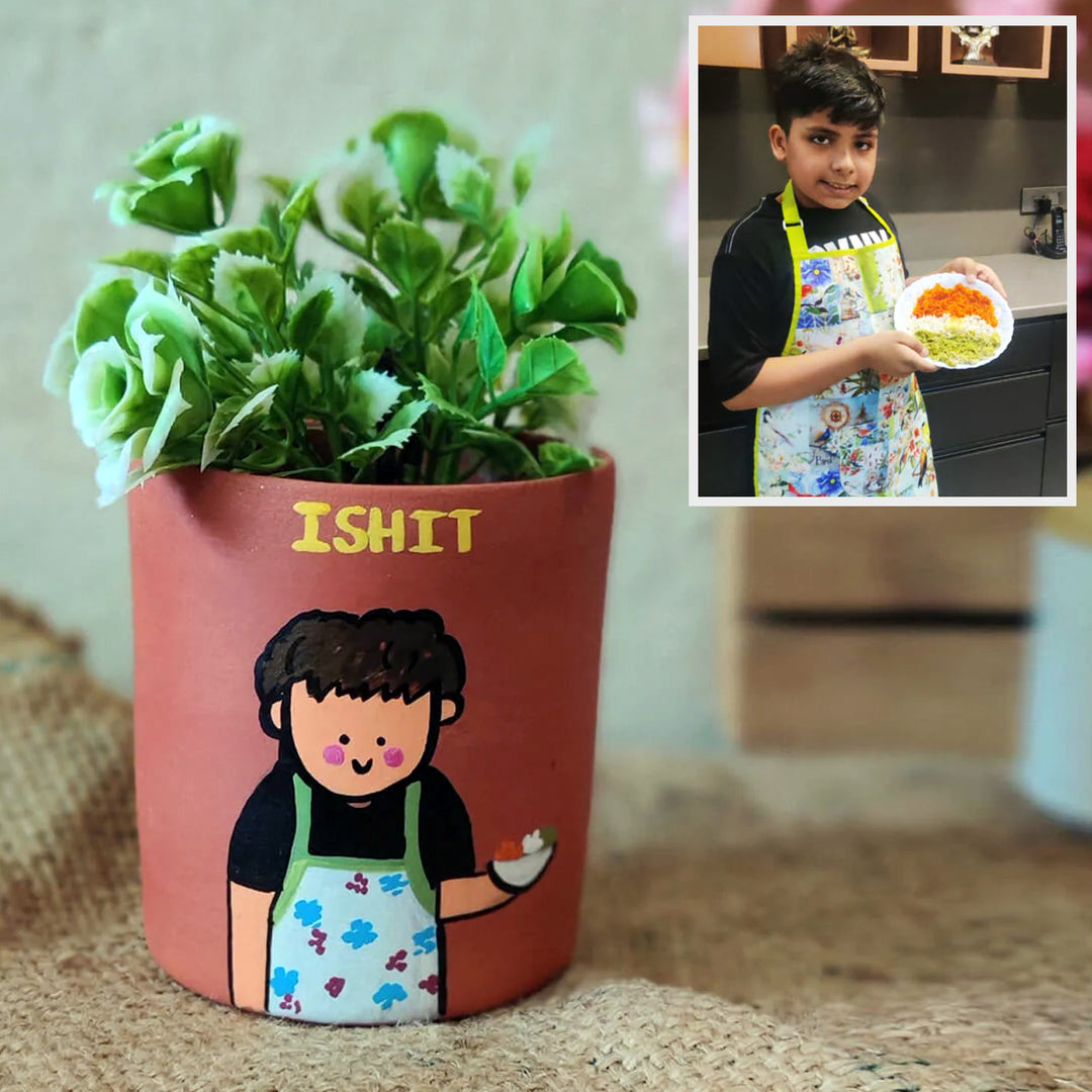 Handpainted Personalized Clay Planter With Photo Based Single Caricature