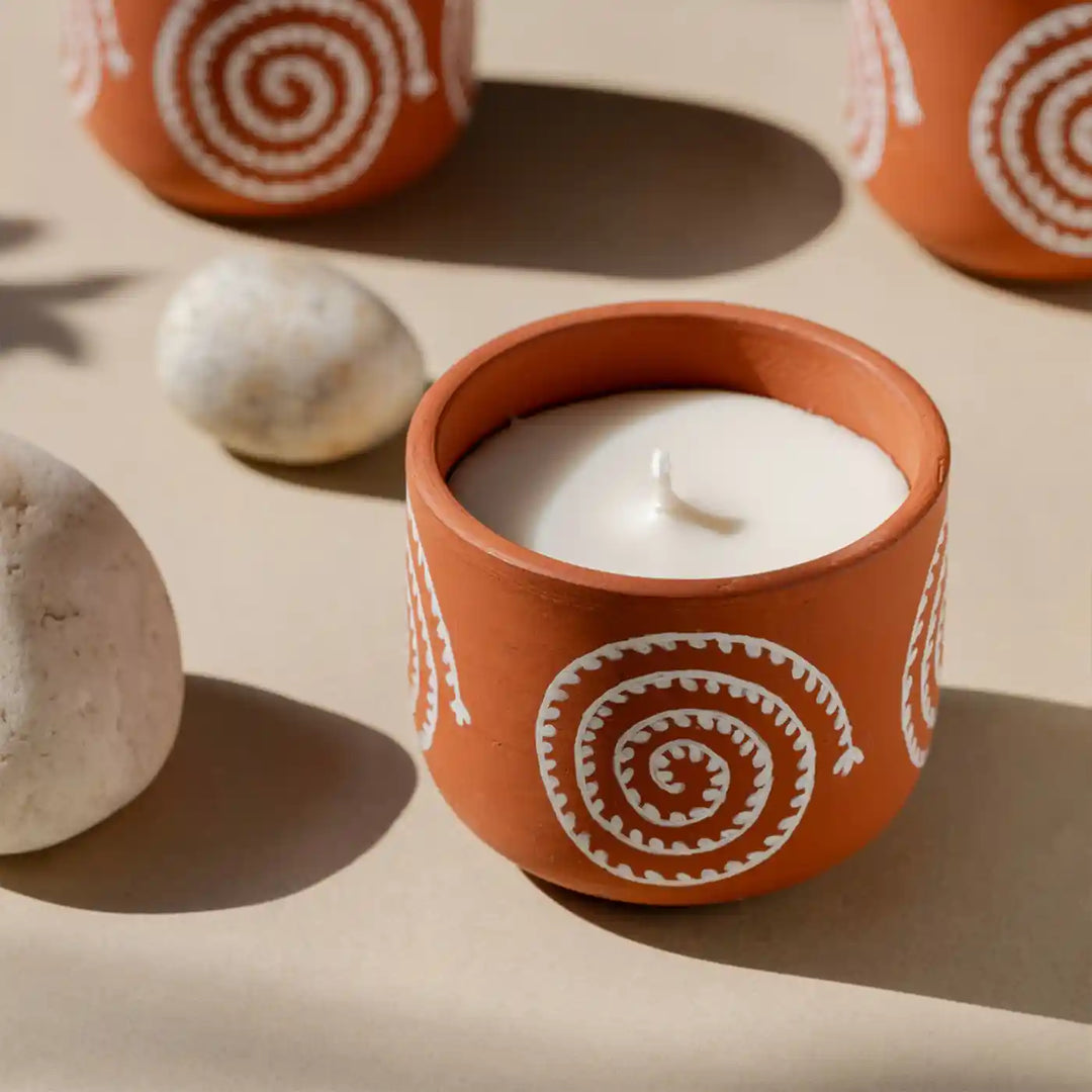 Set of 4 | Hand-Painted Eternal Spiral Terracotta Soy Wax Candle