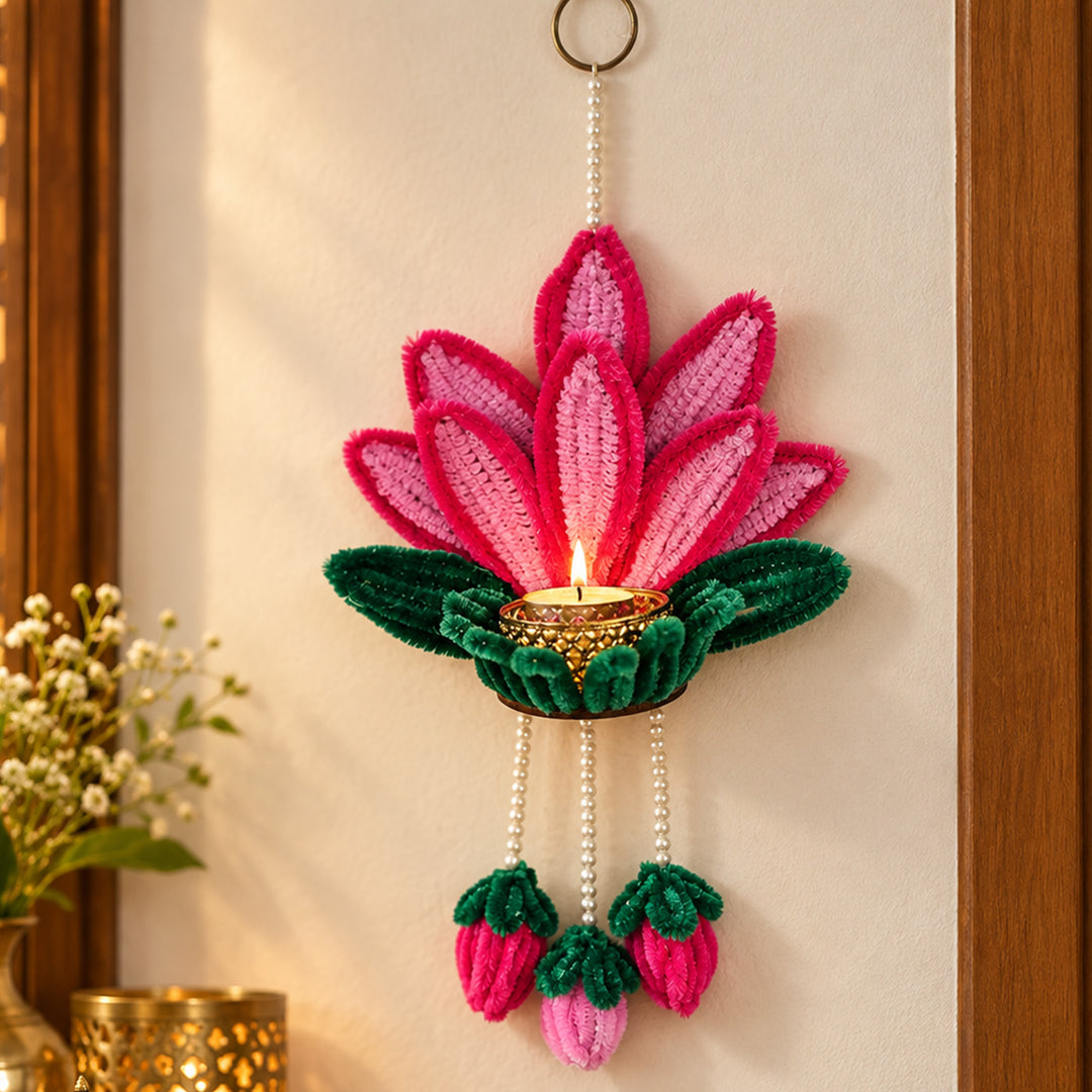 2 Pc | Handmade Pipe Cleaner Pink Lotus Wall Hanging With Tealight Holder, Pearl Strings & Lotus Buds For Festive Decor