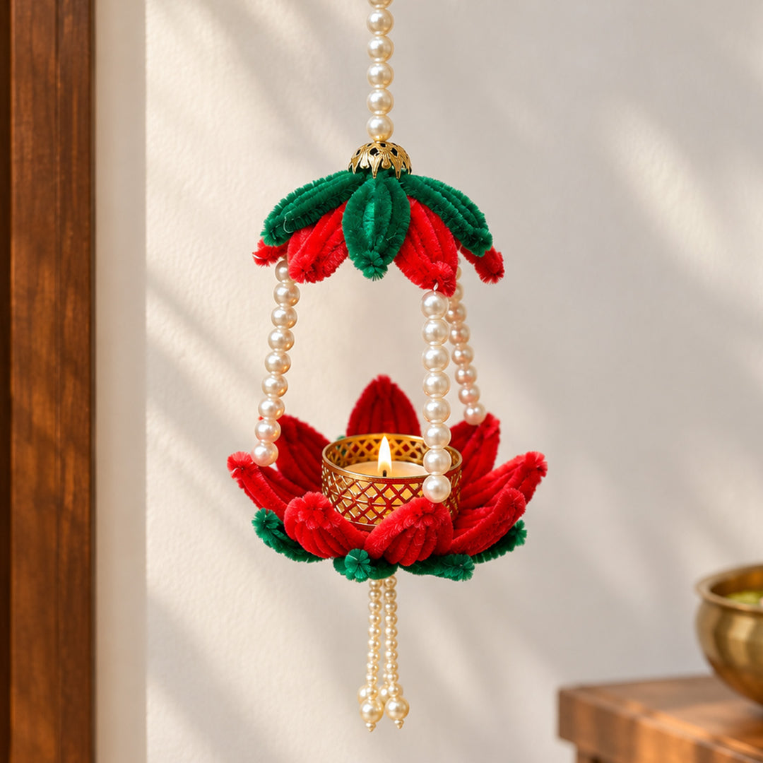2 Pc | Handmade Pipe Cleaner Red Lotus Wall Hanging With Tealight Holder & Pearl Strings For Festive Decor