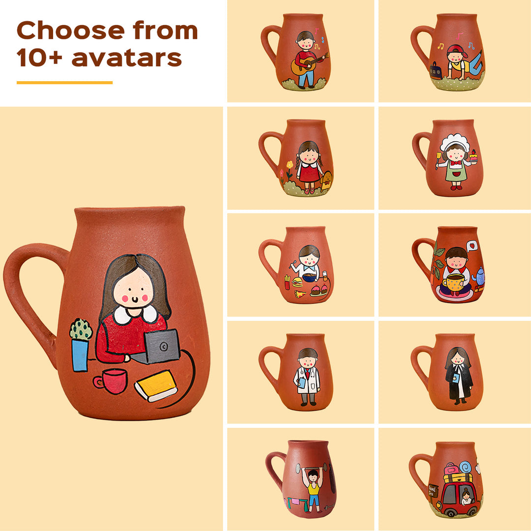 Handpainted Terracotta Mug With Fitness Enthusiast Avatar Illustrations