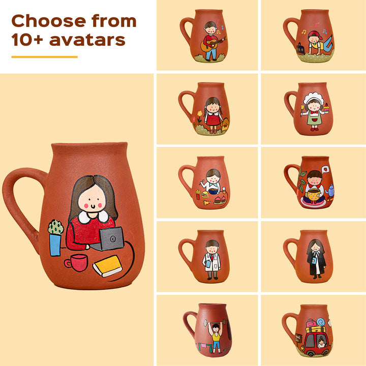 Handpainted Terracotta Mug With Tea / Coffee Lovers Avatar Illustrations