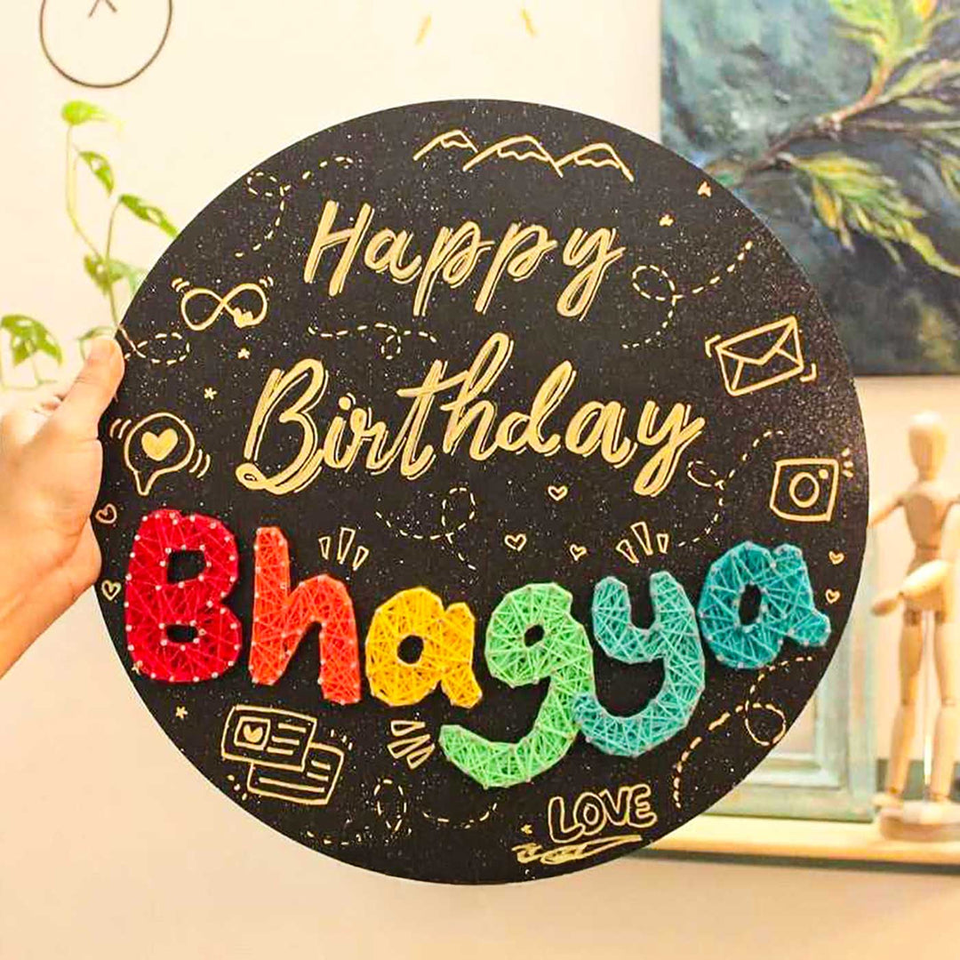Personalized String Art Happy Birthday Round Mdf Wood Name Plate - Front View with Name Personalization