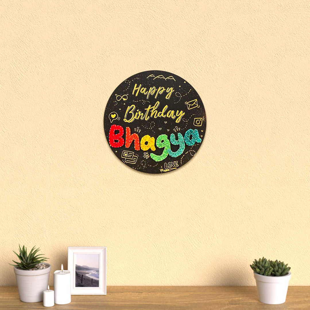 Personalized String Art Happy Birthday Round Mdf Wood Name Plate - Mounted on Wall Above Shelf Display